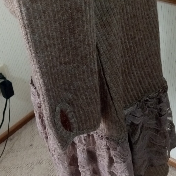 Pretty Angel Brown Long Sleeve Knit Dress with Lace Ruffle Hem Linen - Picture 7 of 8
